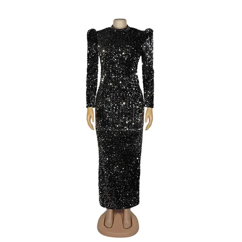 

Bodycon Dress Long Sleeve Stand Collar Long Maxi Dress Partyclub Spring Autumn Velvet Sequins Party Dress Women Bandage
