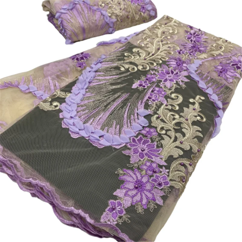 

Фиолетовая африканская кружевная ткань с 3D цветами и бисером, французская кружевная ткань, аппликации, Тюлевое кружево для свадебного платья, женское платье