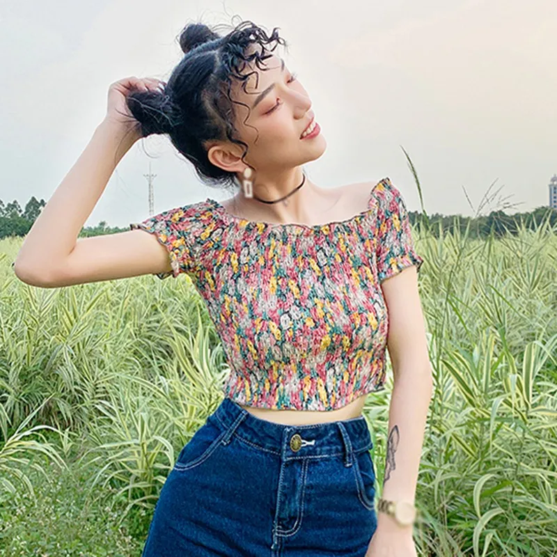 

Летние сексуальные ретро цветочные слова воротник с коротким рукавом Блузки женские короткий абзац сладкий дикий тонкий короткий шифон ру...