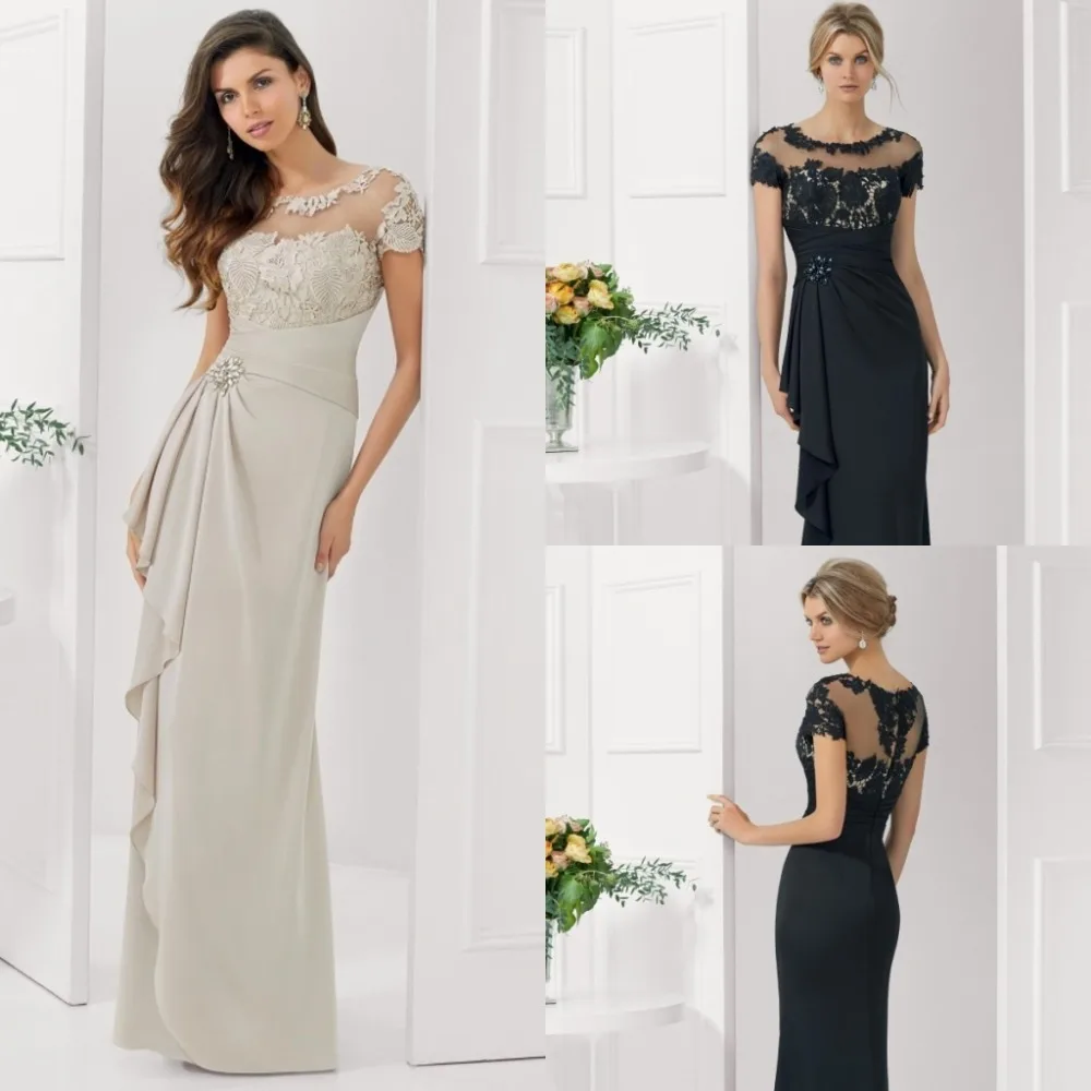 

2015 vestidos de festa Madrinha crystal Elegant Women short sleeve Black lace and Chiffon Long Mother of the Bride Dresses