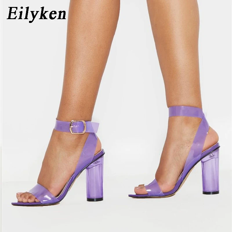 Purple Eilyken/Новинка года; прозрачные женские босоножки на высоком каблуке с ремешками из пвх; пикантные вечерние женские туфли с открытым носком; женские босоножки - Цвет: Purple
