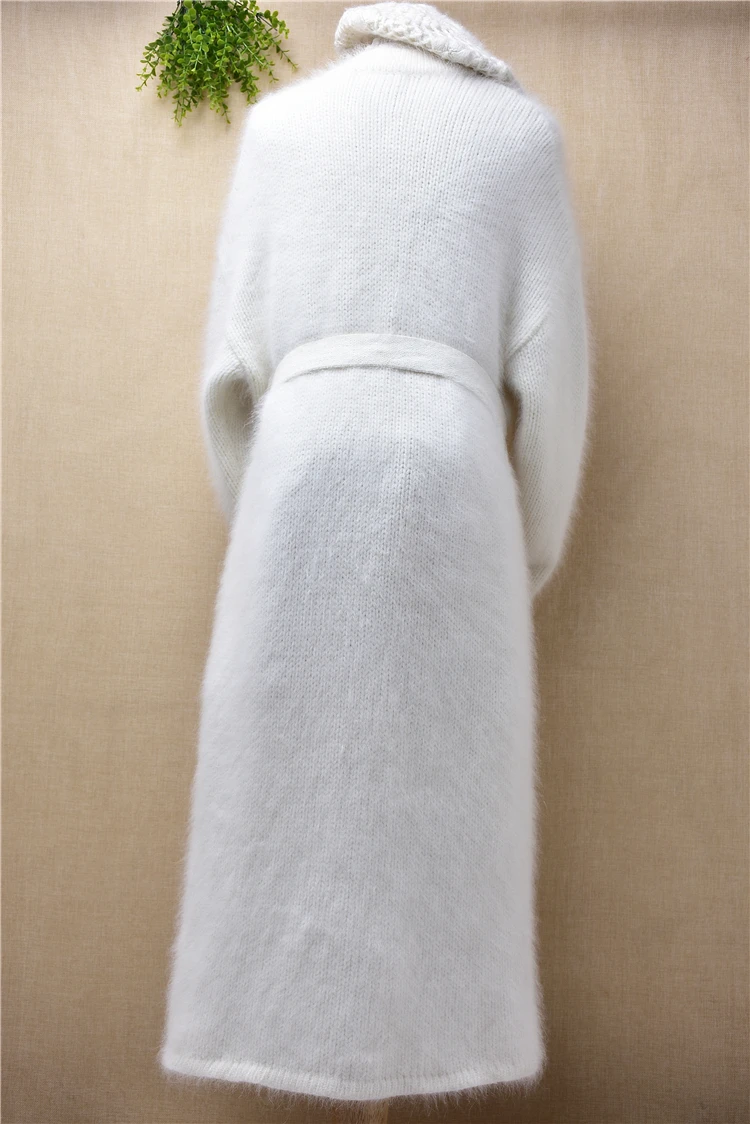 

Top quality heavy thick long hairy white mink cashmere belt long sleeves loose cardigans angora rabbit fur fashion winter coat