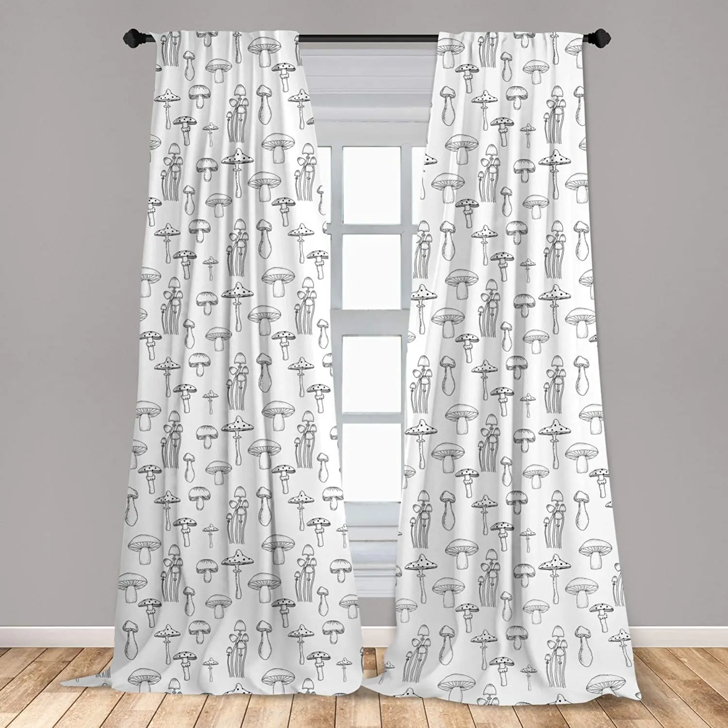 

Mushroom Curtain with Different Mushrooms Doodle Style Monochrome Display Organic Garden Window Treatment Living Room Bedroom