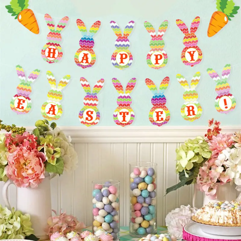 

Bunny Rabbit Carrot Shape Paper Bunting Garland Flags With 5m Ribbon Happy Easter Banner Easter Festival Party Decor Supplies