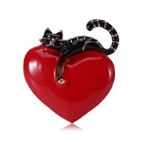 oi new arrival cute small cat with red heart brooch enamel animal brooches corsage for women kids small hijab jewelry pins gifts