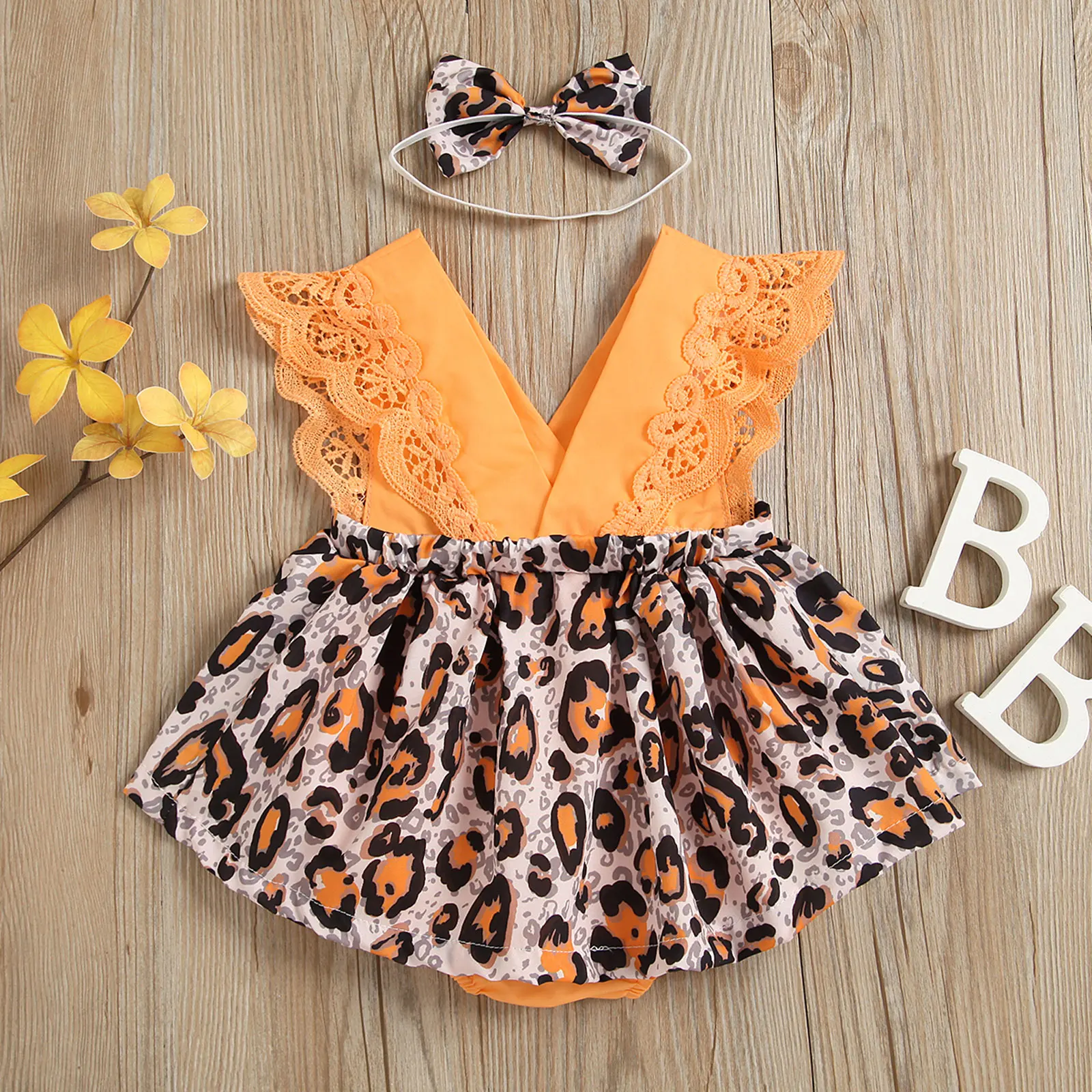 

2021 Baby Leopard Print Clothes Set, Girls Sleeveless V-neck Jumpsuit with Lace+ Bow-knot Headband,0-24 Months,Cotton+Polyester