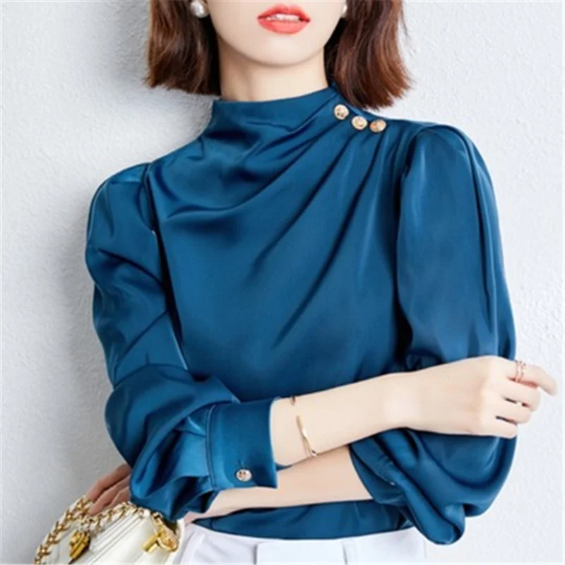 

Spring Puff SLeeve Satin Women Blouse Autumn Plus Size Stand Collar Button Office Lady Shirt Female Elegant Vintage Chiffon Tops
