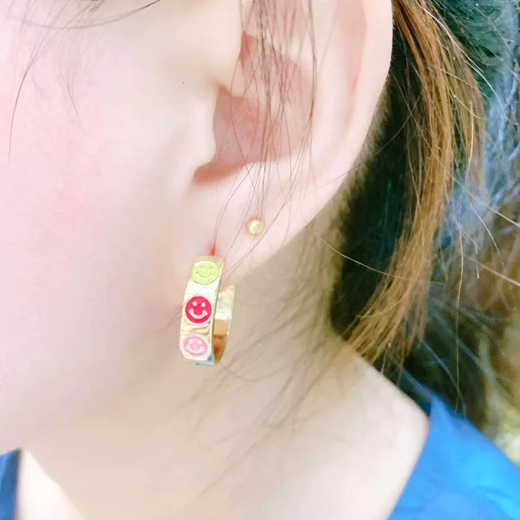 

10Pairs 2021 Hot Sale Gold Color Metal Enamel Colored Ear wear Smile Star Heart Flower Hoops Earring gifts for women