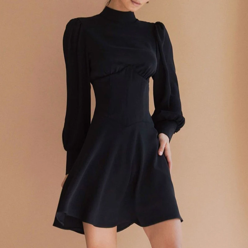 

Zoulv Solid Color Dress Long Sleeve Women High Waist Tunic Turtleneck Short Dresses Party Mini Vestido Office Ladies Clothing