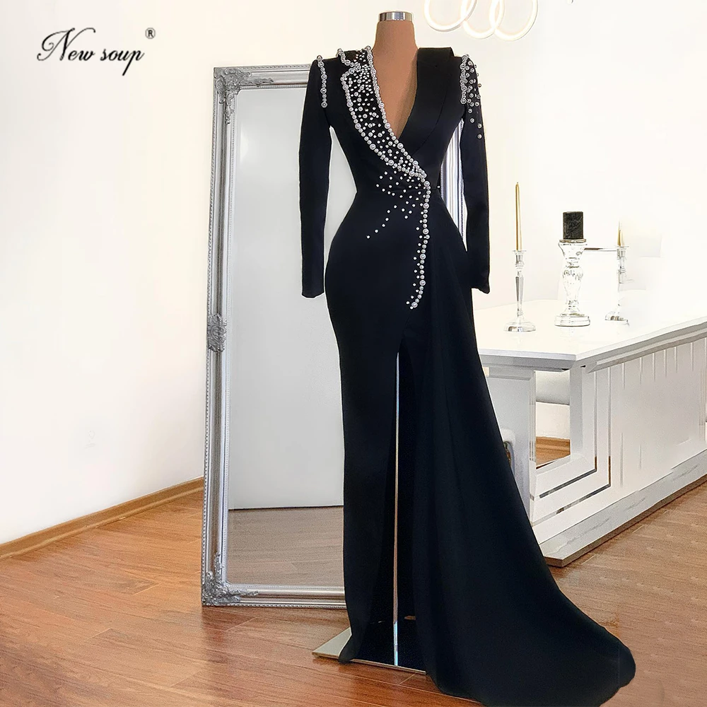 

Black V Neck Evening Dresses 2021 Newest Satin Long Sleeves Party Gowns Customized Vestidos Women Prom Dress Formal Evening Wear