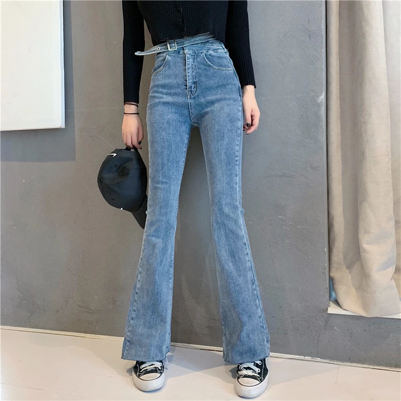 Женские узкие расклешенные джинсы с высокой талией стрейч деним женский