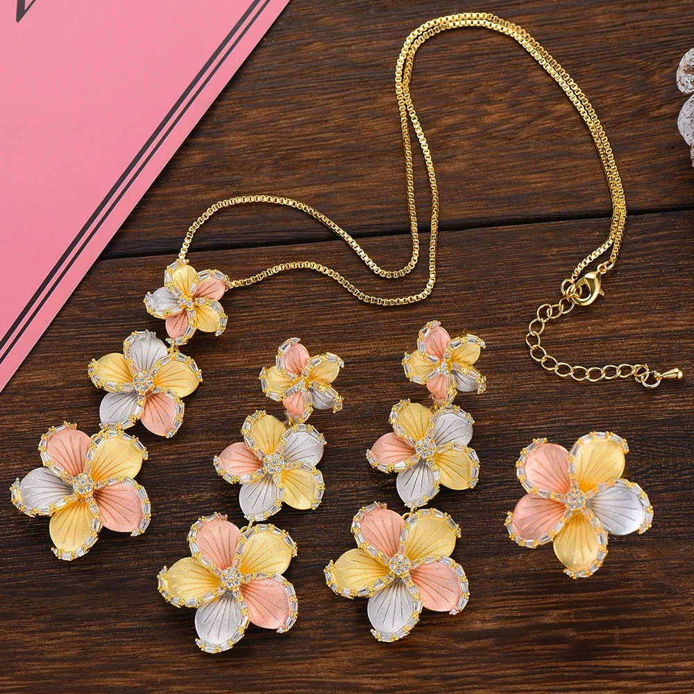 

KellyBola Luxury Flower Blossom Ring Necklace Earring Sets Women Wedding Zirconia Choker Necklace Earring Dubai Jewelry Sets