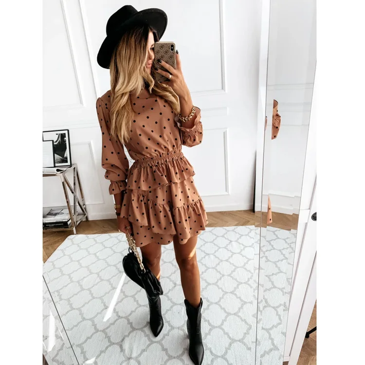 

WEPBEL Women's Casual Flared Sleeve High Waist Turtleneck Slim Fit Dress Autumn Fashion Dotted Prints Ruffle Dress
