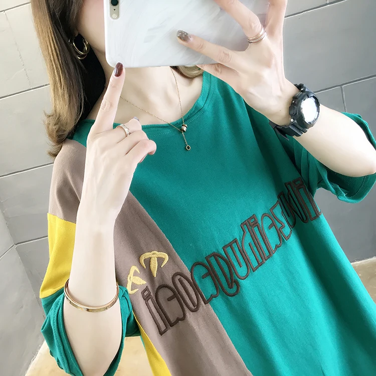 

Kekeplus Store Casual Loose Cotton T-Shirts for Women Short Sleeve Summer Letter Print Patchwork Tees Lady Basic Top Shirt 21032