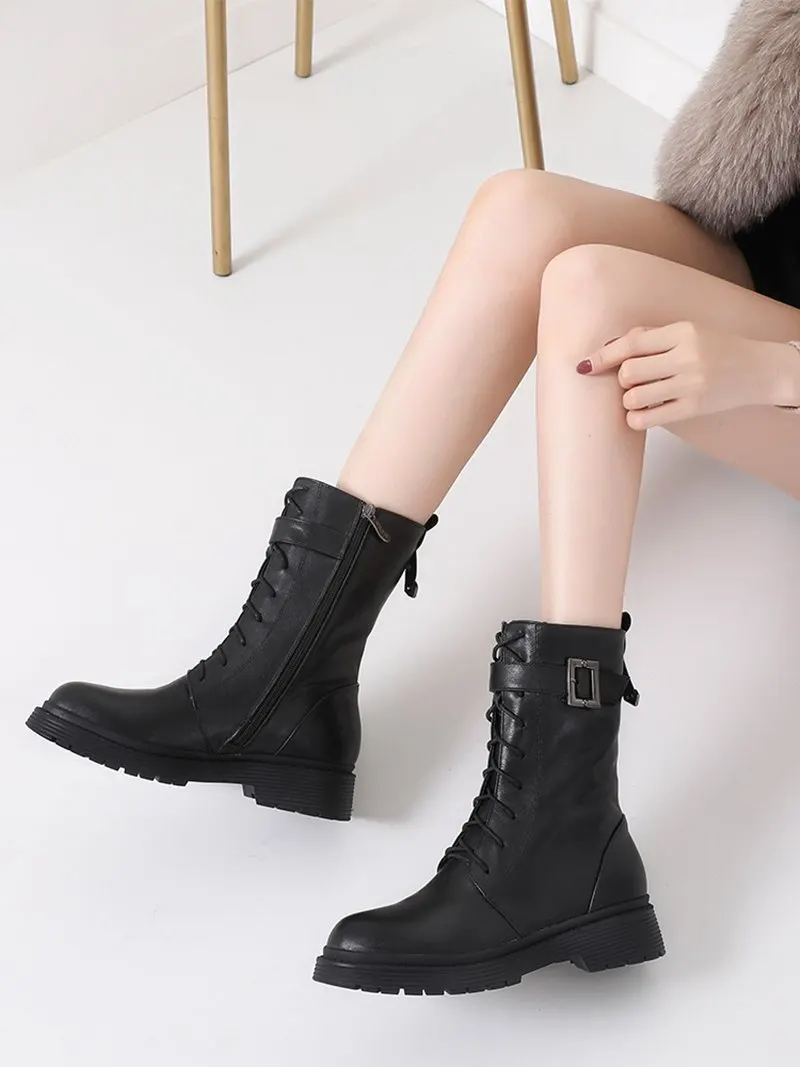 Женские ботильоны из натуральной кожи MORAZORA Черные в стиле панк на молнии с