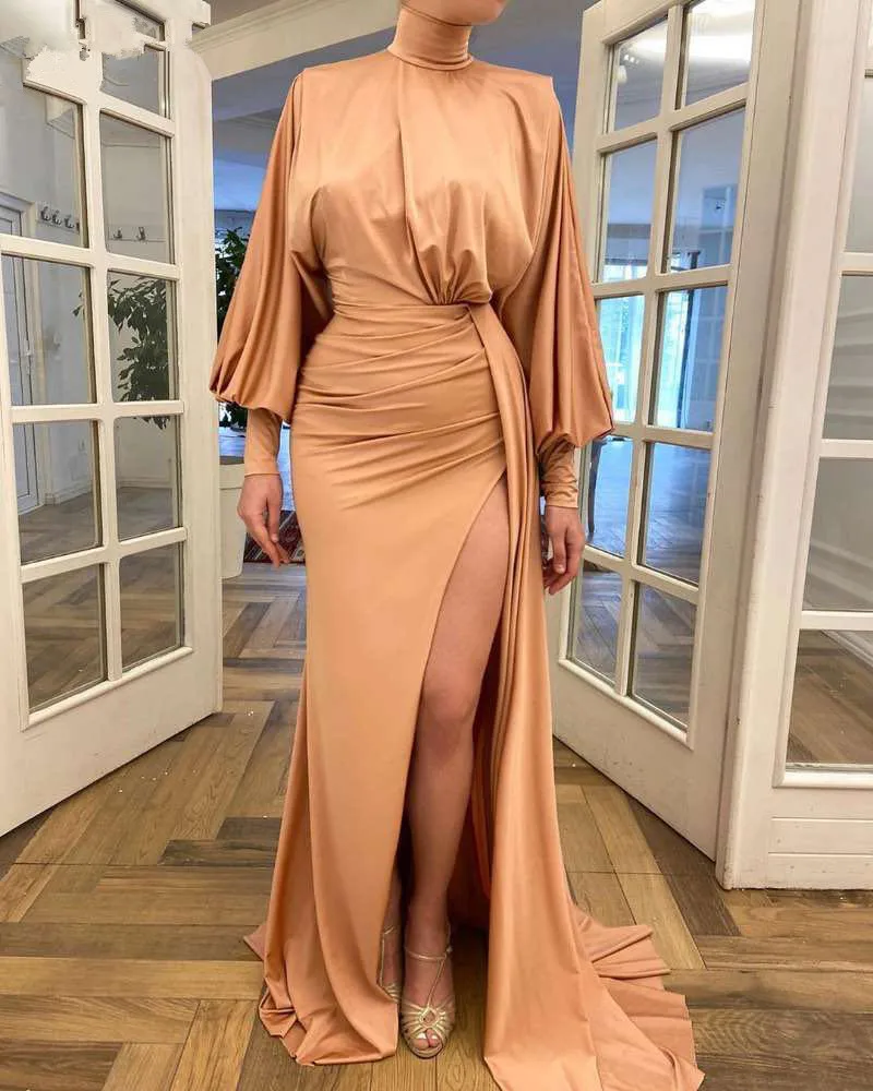 Muslim Evening Dresses A-line High Collar Long Sleeves Slit Dubai Saudi Arabia Gown Prom Dress Robe De Soiree | Свадьбы и торжества