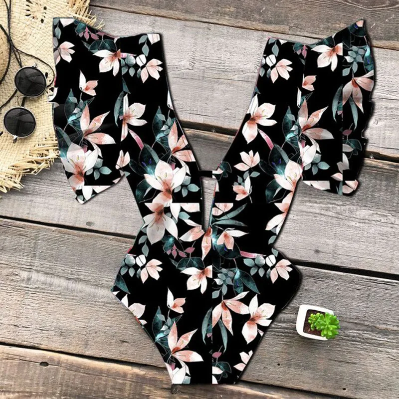 

Ashgaily 2021 Sexy One Piece Swimwear Women Swimsuit Floral Bathing Suit Deep-V Backless Beach Wear Bodysuit Monokini Female