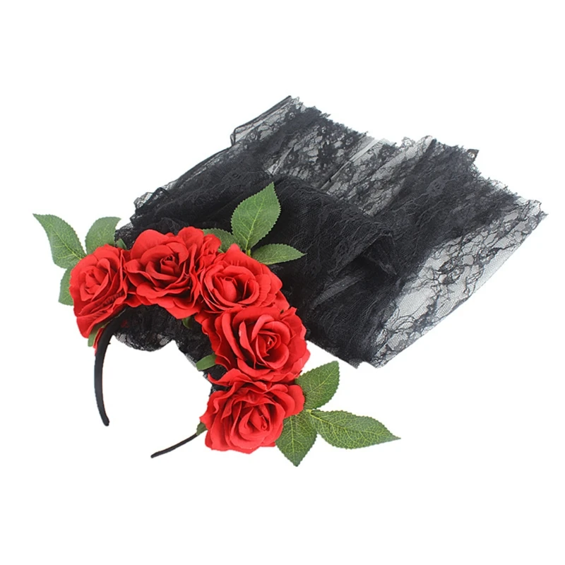 

Women Floral Headdress Rose Flower Mesh Lace Headbands for Halloween Party Carnival Vintage Costume Party Props