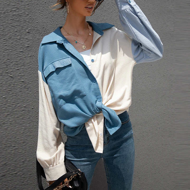 

Женская рубашка в стиле пэчворк, осенняя Повседневная однобортная Свободная рубашка с отложным воротником и длинным рукавом, офисный Топ, у...