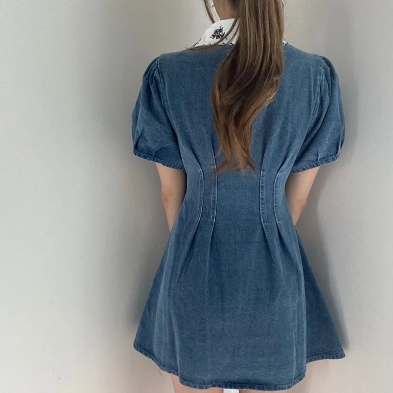 

ZAWAHIKI Vintage Elegant Women Denim Dress Summer Embroidery Turn Down Collar Puff Short Sleeve Slim Waist Vestidos Mini Dress
