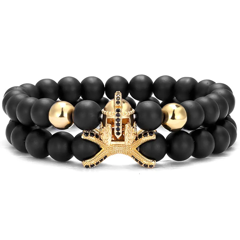 

2 piece set /Novelty Fashion Knight Helmet CZ Pearl Bracelet Men 8mm Black Natural Stone Spartan Warrior Gladiator Yoga Bracelet