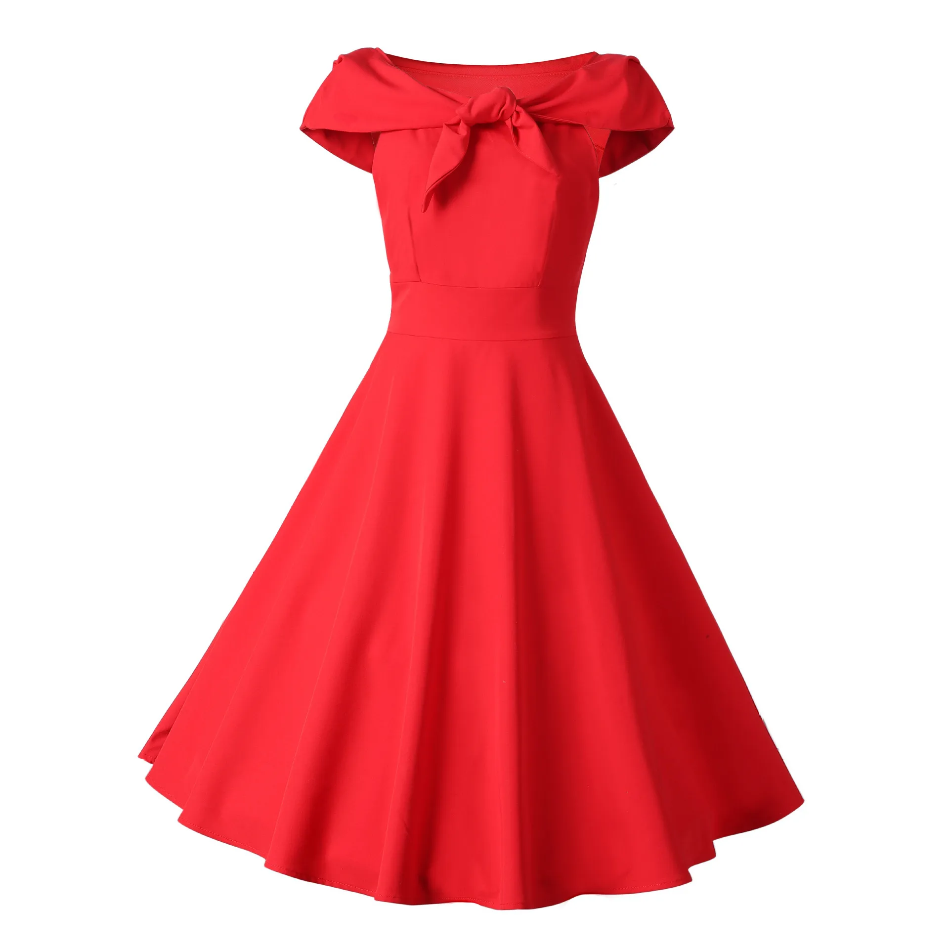 

Elegant Solid Red Women Summer Dress 2021 Casual Vintage Bow Swing Cotton Vintage Dress Robe Femme SP1169