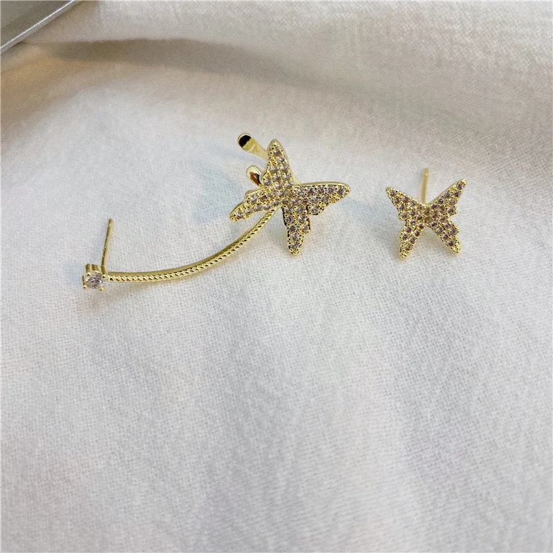 

fashion Cubic Zirconia Butterfly ear cuff Earrings gold color Asymmetrical Stud Earrings For Women Jewelry Gift 2020