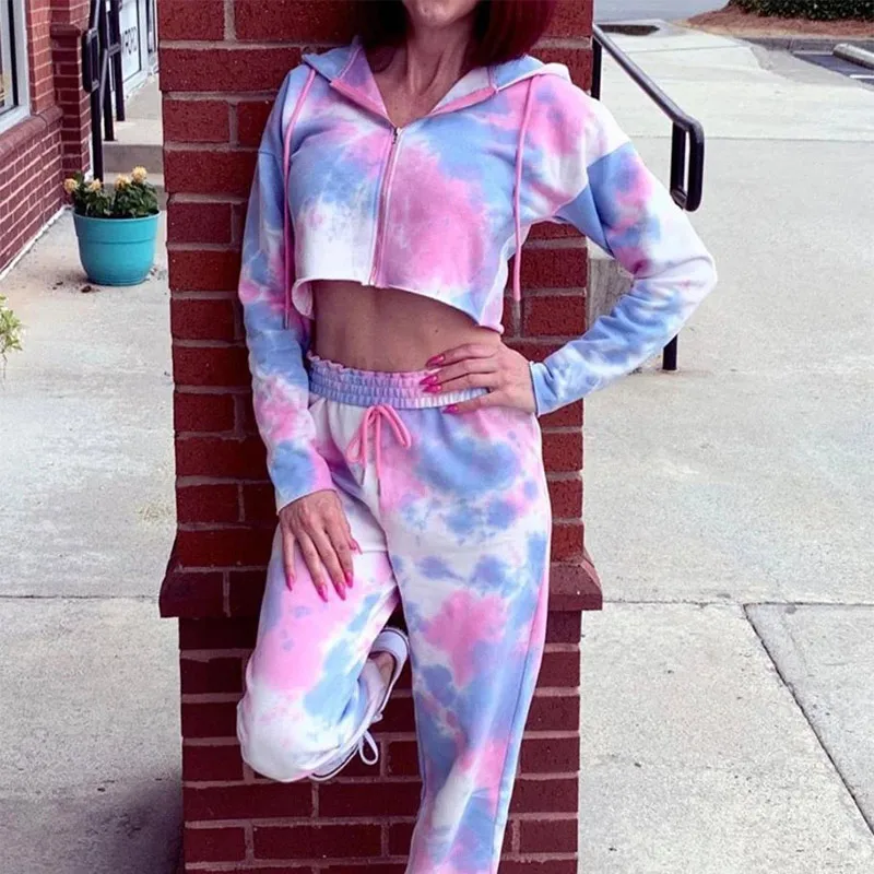 Женский костюм из двух предметов с принтом Tie Dye весенний короткий топ на молнии