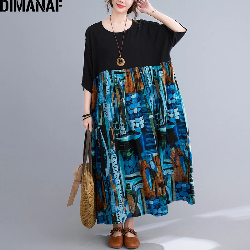 

Женское платье с соединением внакрой DIMANAF, винтажное длинное платье черного цвета из хлопка, повседневное летнее платье большого размера 5XL,...