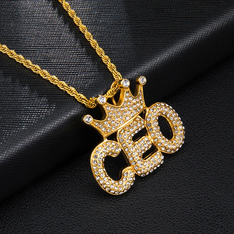 US7 Crown CEO Letters Necklace &amp Pendant Paved Rhinestoned Bling Iced Out Pendants With Chain For Men Hip Hop Jewelry | Украшения и