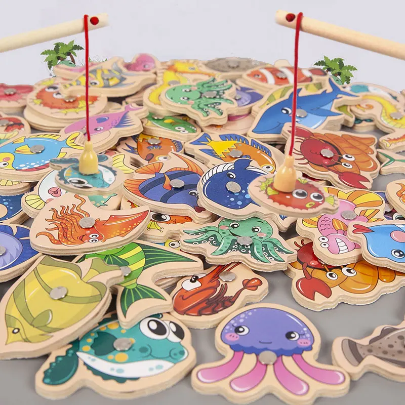 

Wooden Magnetic Fishing Game Cartoon Marine Life Cognition Fish Rod Toys for Children Early Educational Parent-child Interactive