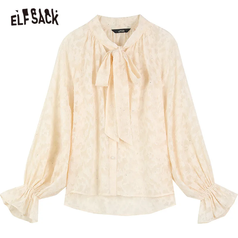 

ELFSACK Solid Pure Chic Bows Front Casual Chiffon Shirt Women,2021 Spring Vintage Contrast Lace,Korean Ladeis Daily Sweet Top