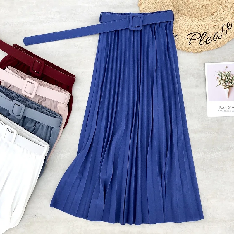 

Spring Summer Women Midi Skirts Belt Chiffon Pleated Long Skirts For Women Daily Office Skirts Saia Femme Jupe
