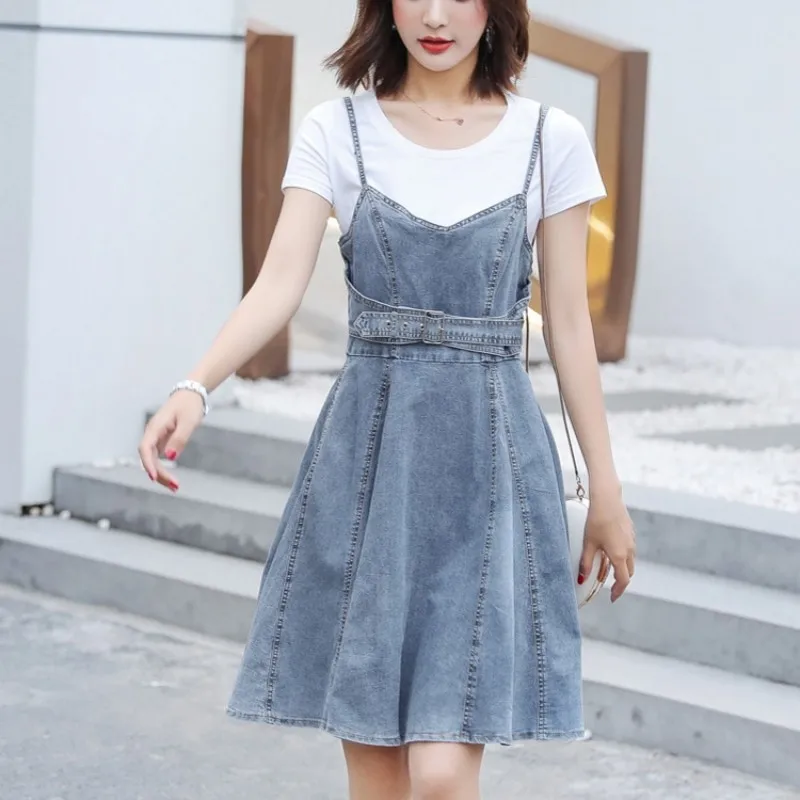Летнее корейское женское джинсовое платье трапециевидной формы без рукавов на