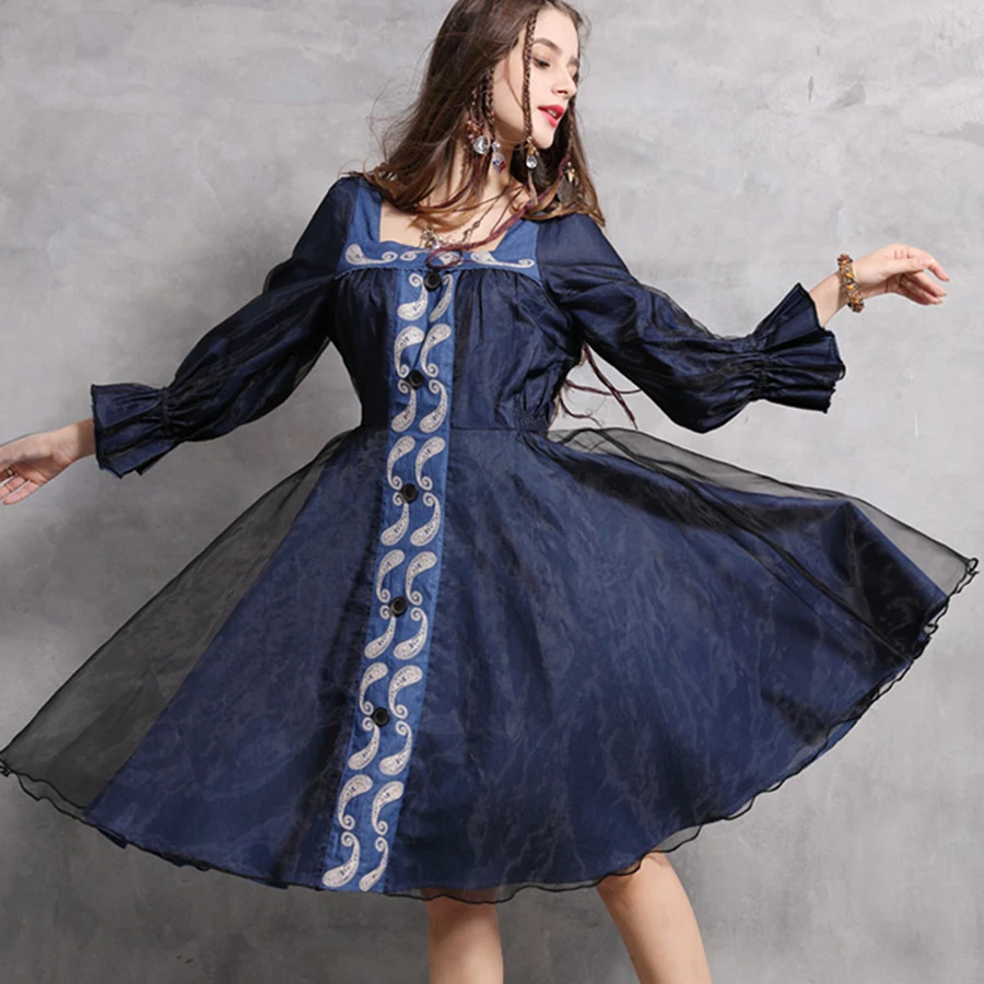 TEELYNN boho джинсовые платья с длинным рукавом vintag bule хлопок Этническая вышивка вуаль