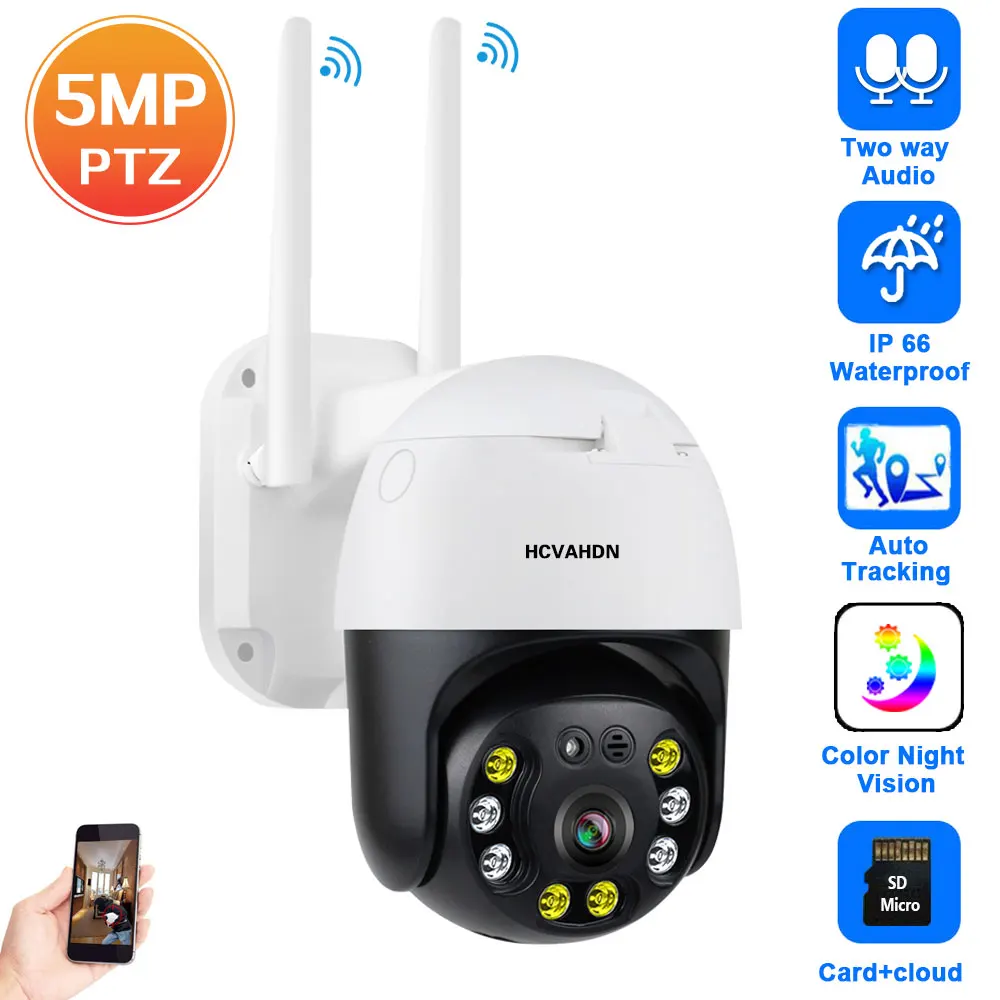 

5MP Wifi PTZ IP Security Camera Outdoor Waterproof Auto Tracking Color Night Vision CCTV Video Surveillance Camera Wireless 2MP