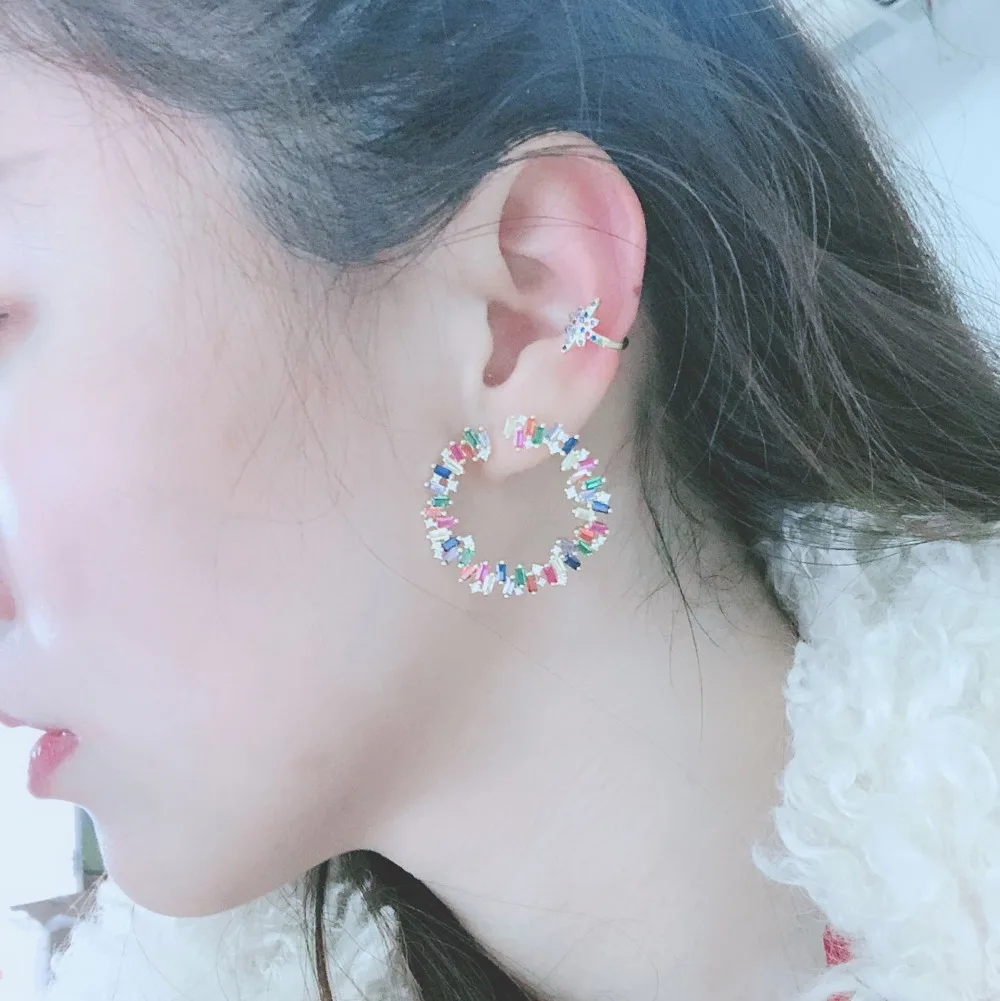 2021 Luxury Gold color round circle geometric stud earring Baguette rainbow colorful cz paved fashion trendy jewelry for women | Украшения