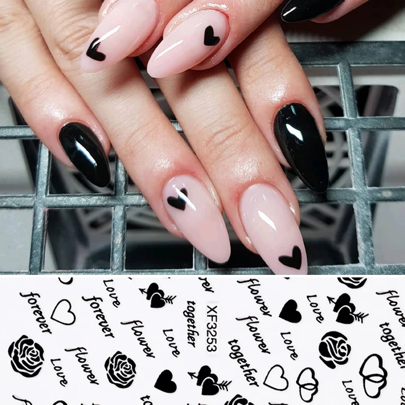 1 лист 3D наклейки для ногтей белые и черные буквы с цветами смешанные узоры