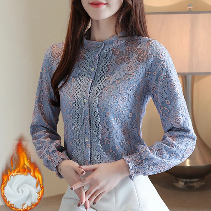 

Plus velvet blusas Mujer De Moda Lace Bottoming Blouse Shirts Women's Blouse 2020 Winter thickening Long sleeve Women's Top 856B