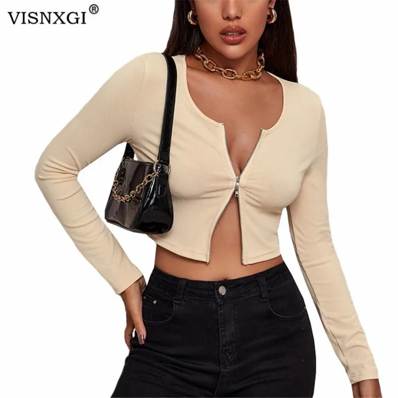 

Женская футболка с длинным рукавом VISNXGI, сезон весна-осень, укороченные топы в рубчик, дизайнерская футболка на молнии, женская черная и бела...