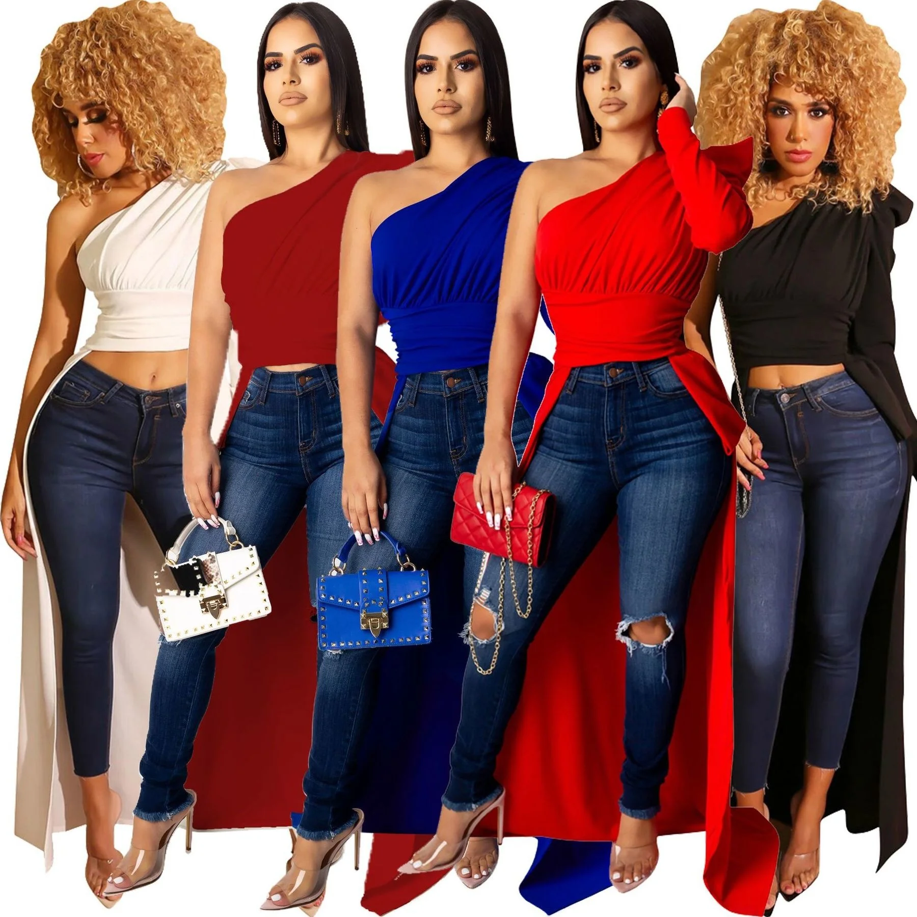 

Cutubly Elegant Extra Long Tee Top Sexy Skew Collar Irregular T-shirt Tops One Shoulder Fashion Club Solid Women Blouses Autumn