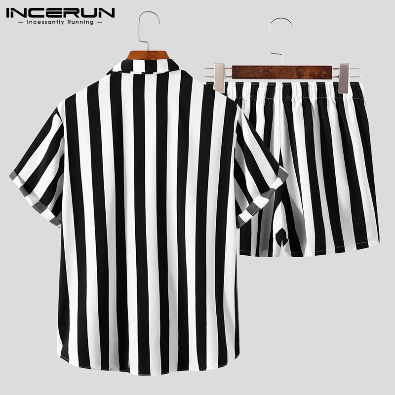 

Men Striped Sets Streetwear Lapel Short Sleeve Shirt Drawstring Shorts 2021 Fashion Casual Men's Hawaiian Suits 2 Pieces INCERUN
