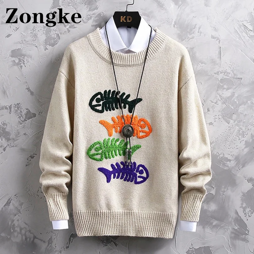 

Zongke Fish Bones Knit Sweater Men Fashion Streetwear Pullover Men Sweater Pull Harajuku 3XL 2021 Autumn Winter New Arrivals