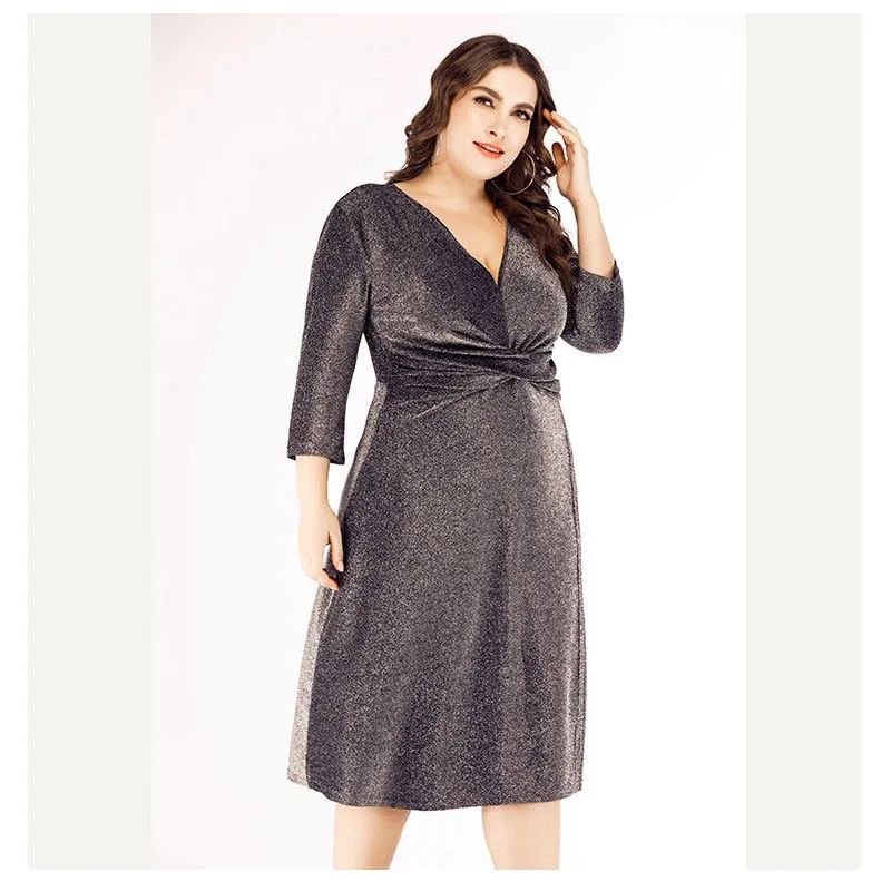 Женское элегантное блестящее Серебряное платье с v образным вырезом большого