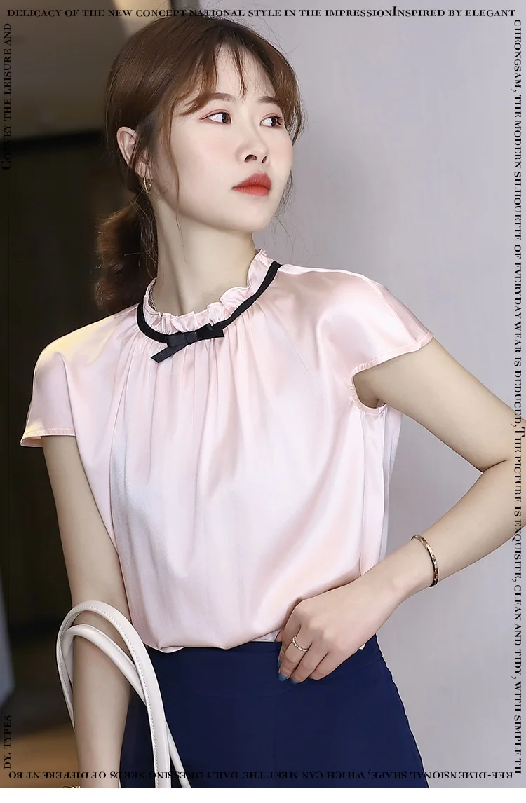 

silk French style top women's nude pink aging lace collar silk shirt women's short sleeve
