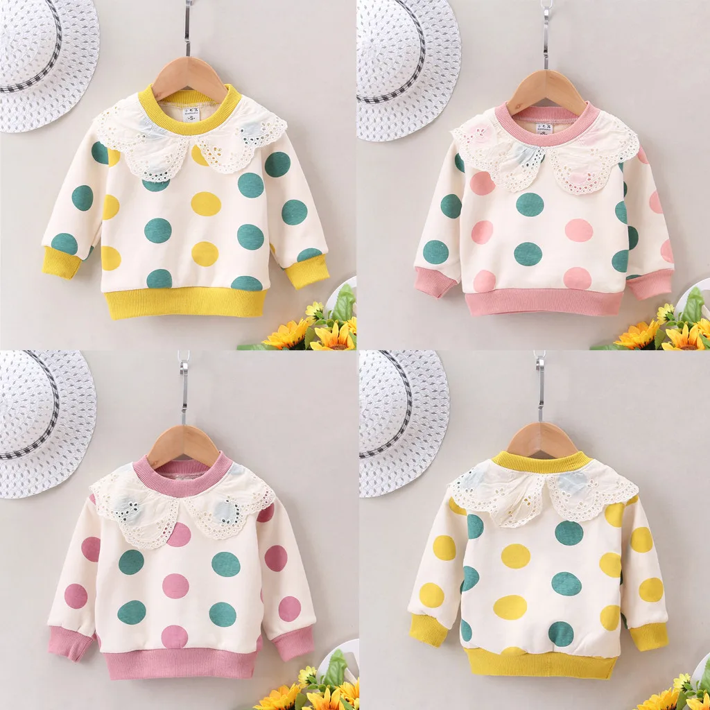 Toddler Baby Kids Girls Ruffles Dot Print Pullover Tops T-shirt Casual Clothes Children's Sweater Hoodie Autumn Winter