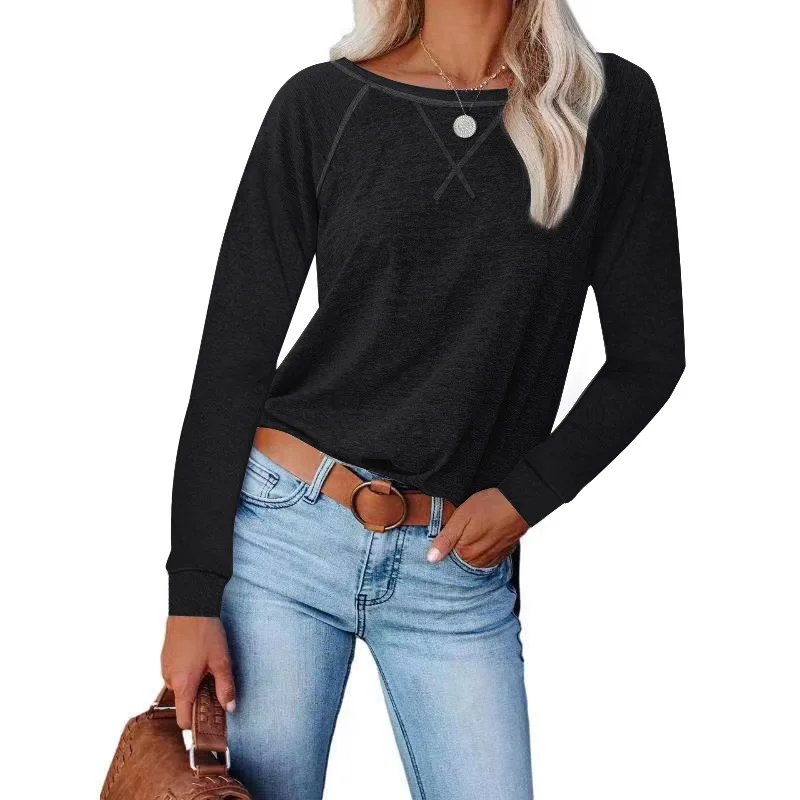 

Fall 2021 New Women's Contrast Color Cross Loose Top Long Sleeve Casual T-shirt Harajuku Stitching T- shirt Fashion O-Neck