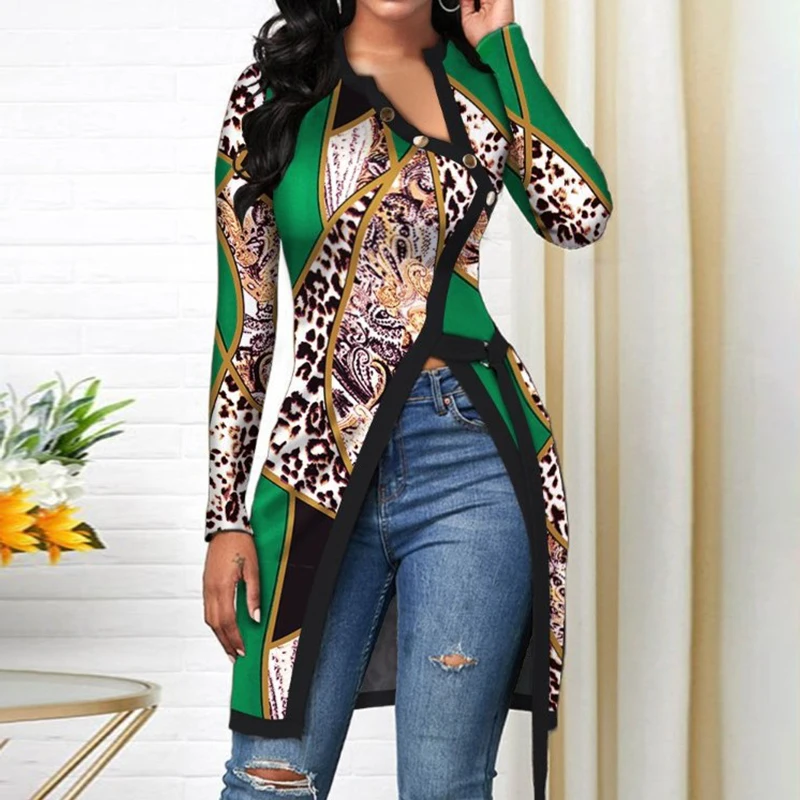 

Women Elegant V-neck Zipper Pullover Top Shirt Retro Leopard Chain Print Irregular Long Blouse Spring Fall Fashion Shirts Blusa