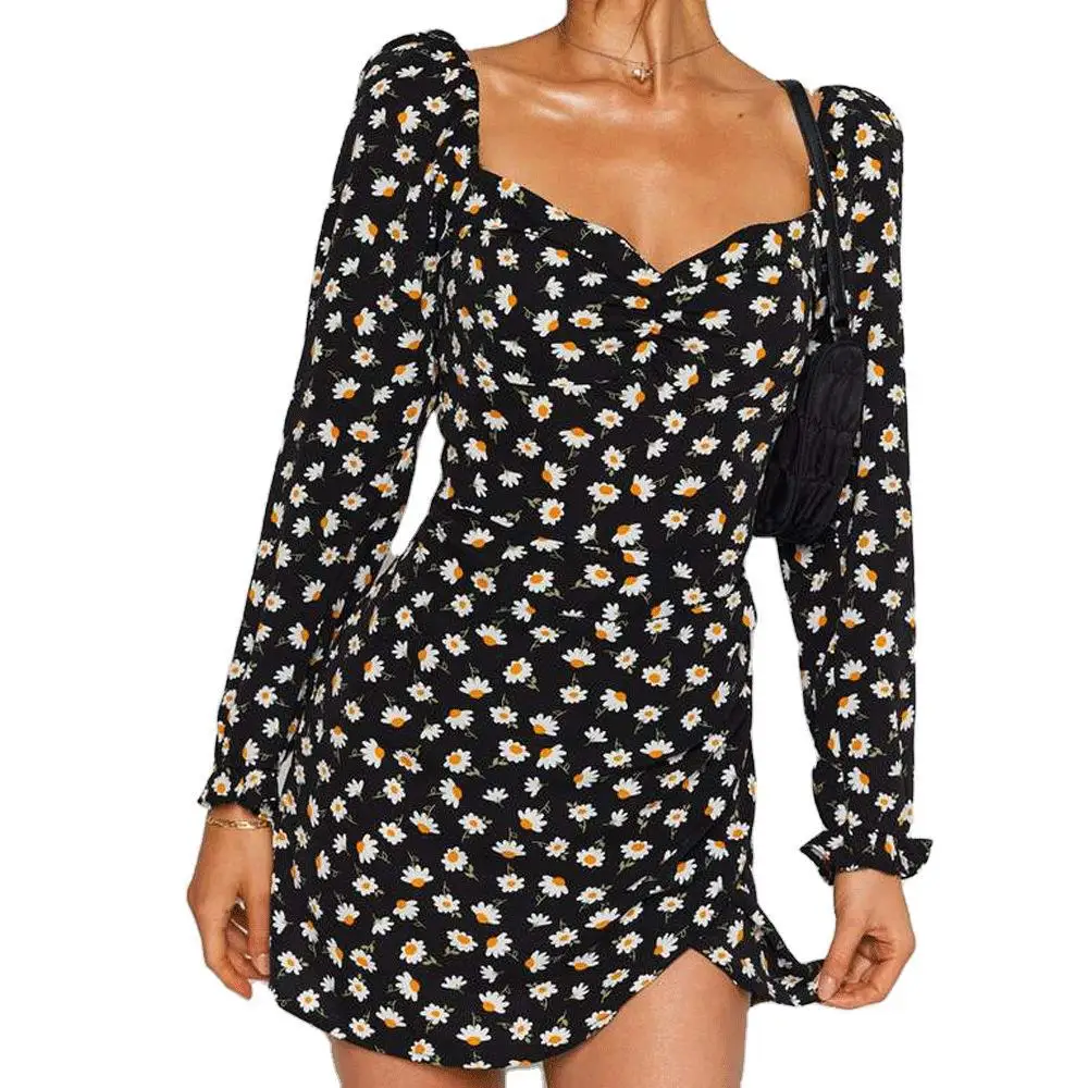 

2021 New Sexy Square Collar Backless A- line Dress Printed Long Sleeve High Waist Slit Floral Dress