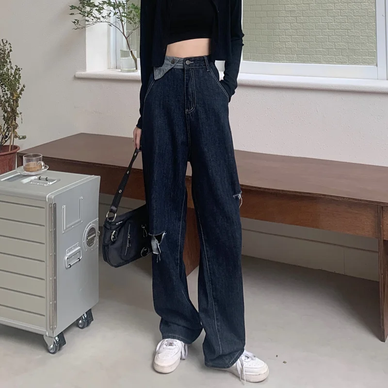 

2021 Early Autumn Pants Women's Jeans Fashion Design High Waist Pants Hole Hanging Wide Leg Pants Rac